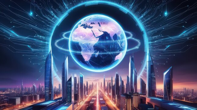 Futuristic City with Glowing Earth Hologram and Digital Rings, Sci-Fi Skyline, Advanced Technology Concept, Smart City of the Future, Global Network