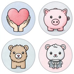 Adorable Cartoon Animal Illustrations Heart, Piggy Bank, Brown Bear, and Polar Bear