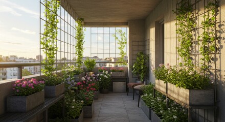 Fototapeta premium Urban Balcony Garden with Blooming Flowers and City View at Sunset
