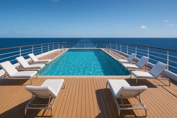 Fototapeta premium Luxury cruise ship deck featuring infinity pool and premium lounge seating with panoramic ocean views