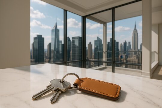 Luxury penthouse apartment keys resting on marble countertop with stunning city view through floor-to-ceiling windows showcasing prime real estate investment