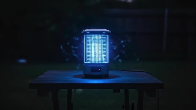 Outdoor insect killer lamp on table at night, protection against bugs and mosquito.