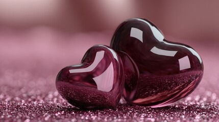 Two polished, dark-purple hearts on a pink background.