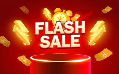 3d Flash sale banner template with lightning bolt, alarm clock, coupons flying around a red podium or stage, isolated on red background. 3d discount banner in vector illustration. Vector illustration