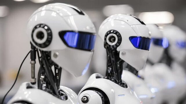 Futuristic robot heads lined up in a row with blue visors