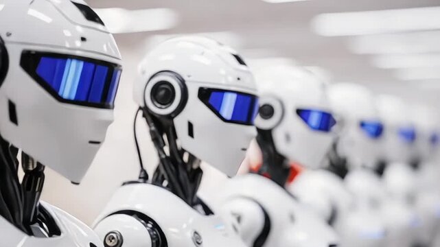 A row of futuristic white robots with blue visors stand in formation