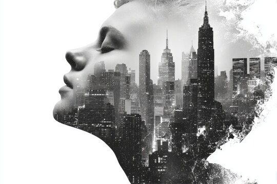 Personal identity and cybersecurity: cityscape double exposure. Cyber innovation. Innovative cyber solutions for global business security challenges. Global security. Enterprise security.