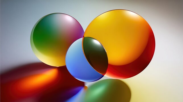 Three glossy, vibrant spheres, overlapping, creating a colorful, intersecting design, with soft shadows on a gradient background