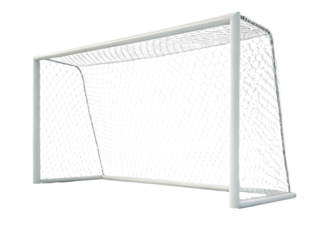 A white soccer goal with a net on a black background ready for a game or practice session to begin soon