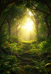 Obraz premium Sunlit Forest Path: Magical Green Woods Landscape