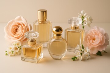 Sophisticated perfume collection featuring crystal bottles with floral elements for luxury fragrance marketing campaign