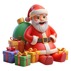 Playful 3d Santa Claus with Colorful Wrapped Gifts and Green Ornament on Black Background