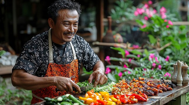 Thai grill master chopping vegetable