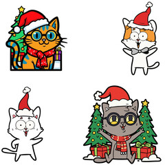 A set of four festive cartoon cat illustrations, featuring various cats in Santa hats, some with Christmas trees and gifts, depicted in a playful and colorful style.