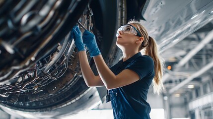 A focused female mechanic meticulously services an airplane engine while wearing safety goggles and protective gloves for safe repairs and maintenance.