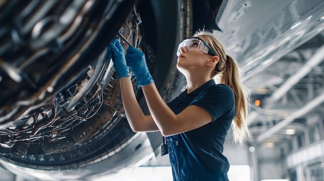 A focused female mechanic meticulously services an airplane engine while wearing safety goggles and protective gloves for safe repairs and maintenance.