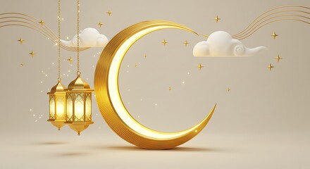 Golden crescent moon with lanterns and clouds on a beige background, creating a festive and elegant Ramadan or Eid themed scene.