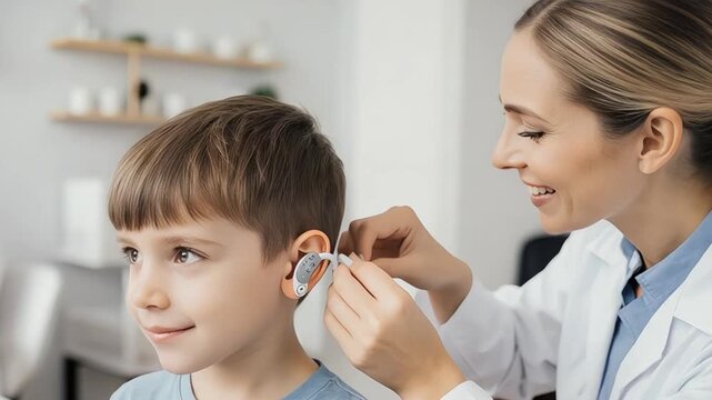 Audiologist fitting a hearing aid for a young boy during medical appointment