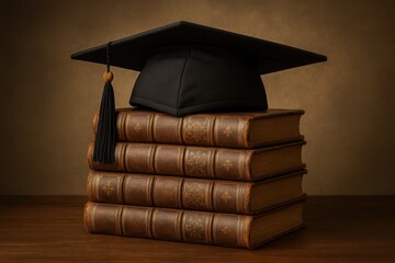 Academic success celebration with graduation cap and leather-bound textbooks symbolizing educational achievement and knowledge