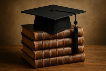 Academic success celebration with graduation cap and leather-bound textbooks symbolizing educational achievement and knowledge