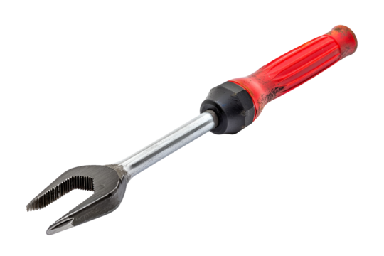 Red handled U-shaped tool isolated on black background,