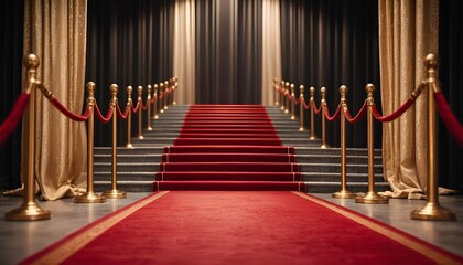 Fototapeta premium Elegant staircase featuring a red carpet, gold stanchions, and luxurious drapery background.