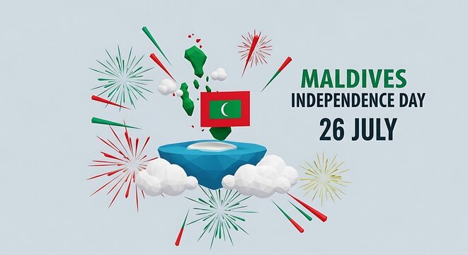 Maldives Independence Day: July 26th Celebratory Low-Poly Design with Fireworks - Powered by Adobe