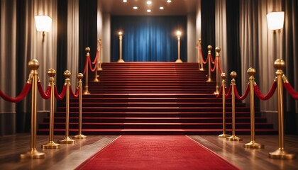 Obraz premium Opulent red carpet leads to a grand staircase, evoking a sense of arrival and anticipation.