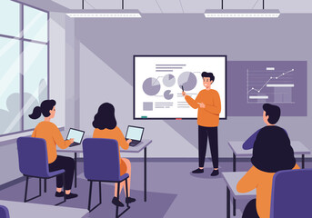 A classroom scene depicting a teacher presenting data visualizations to students using a whiteboard.