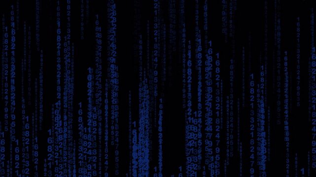 Raining binary code with cascading blue numbers, Matrix movie inspired. Ideal for tech, cyber security, data visualization, and digital concepts