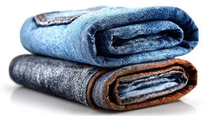 Folded denim jeans stacked on a white surface.