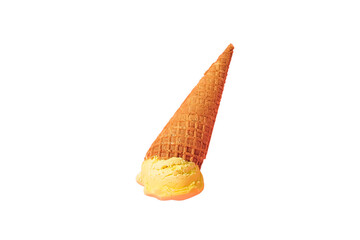 Melting ice cream slowly drips from a cone, isolated on white, PNG