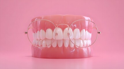 Funny dental model with glasses on pink background. Artificial teeth wearing spectacles, dental care concept. Oral hygiene idea.