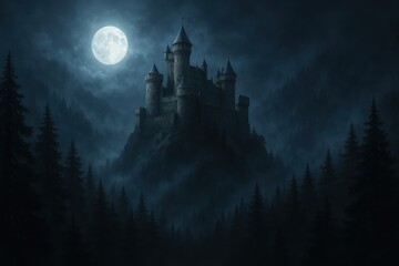 Naklejka premium Medieval fortress perched on misty mountain peak surrounded by ancient pine forest