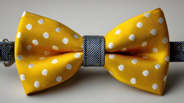 Yellow bow tie with white polka dots.