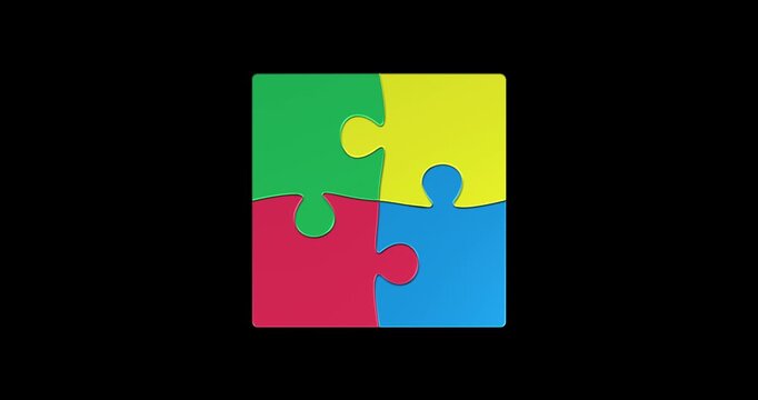 Jigsaw puzzle pieces in four different colors business teamwork and job completed concept 3D animation on black background.