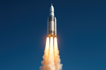 Powerful spacecraft launching with dramatic exhaust plumes against clear blue sky