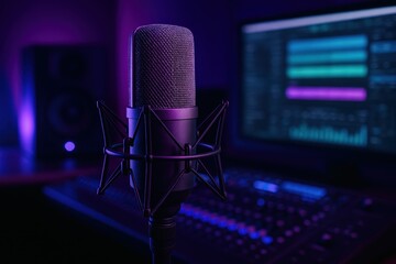 Professional recording studio setup with glowing LED microphone and atmospheric lighting