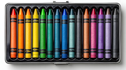 Colorful crayons arranged neatly in a plastic box.