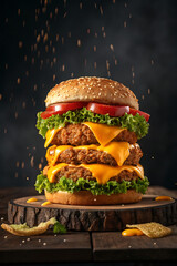 Delicious double cheeseburger with fresh toppings on a wooden board