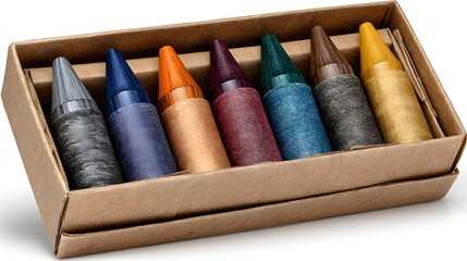 Set of colorful wooden crayons in a cardboard box.