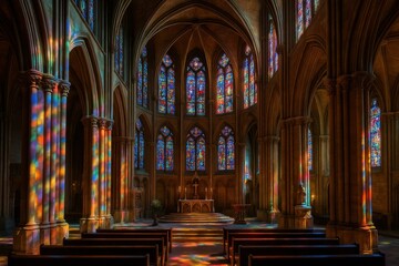 Fototapeta premium Sacred cathedral interior with magnificent stained glass illumination creating divine atmospheric lighting