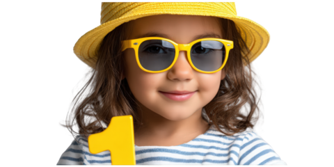 Smiling young girl wearing sunglasses and a yellow hat, holding number one.