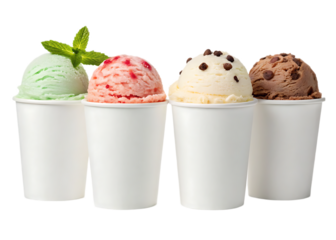 Four cups of ice cream with different flavors like mint strawberry vanilla and chocolate scoops shown