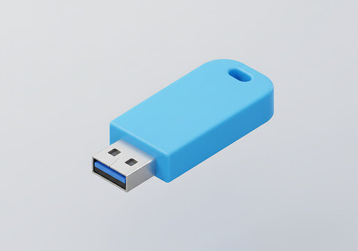 A bright blue USB flash drive with a loop for a keychain is positioned on a plain light gray background showcasing its sleek modern design and functional portability for data storage solutions	