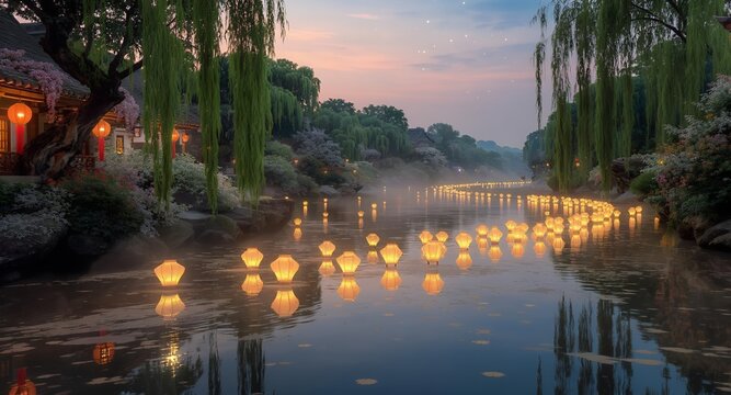 Floating Lanterns on Calm Water at Dusk - Powered by Adobe