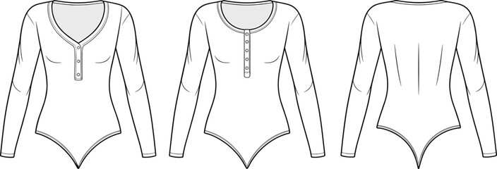 Long sleeve bodysuit fashion flat sketch with front button placket, round and V-neckline design, ideal for apparel designers and manufacturers
