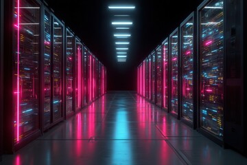 Rows of large servers illuminated with pink and blue lights in a dark data center