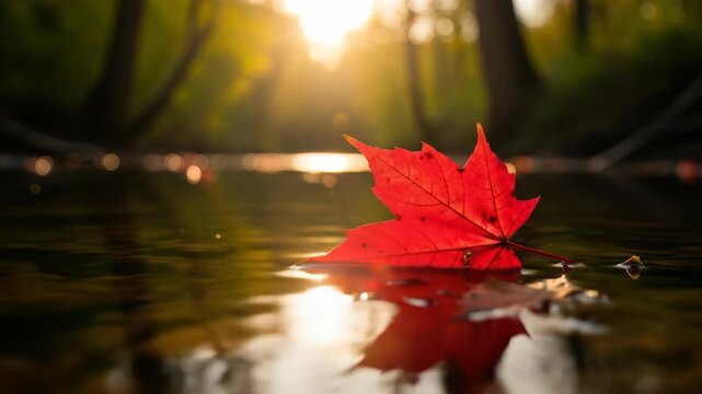 Red maple leaf floating on water in autumn forest with sunlight, nature scene.