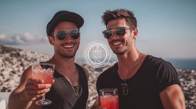 Happy men toasting cocktails, ocean view, summer vacation,  island getaway